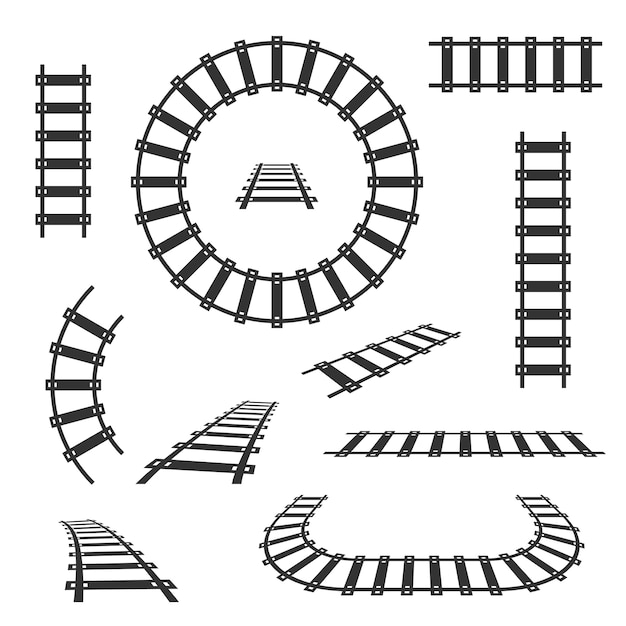 Straight and curved railroad tracks black icons