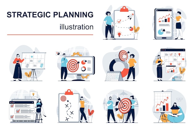 Strategic planning concept with character situations mega set Vector illustrations