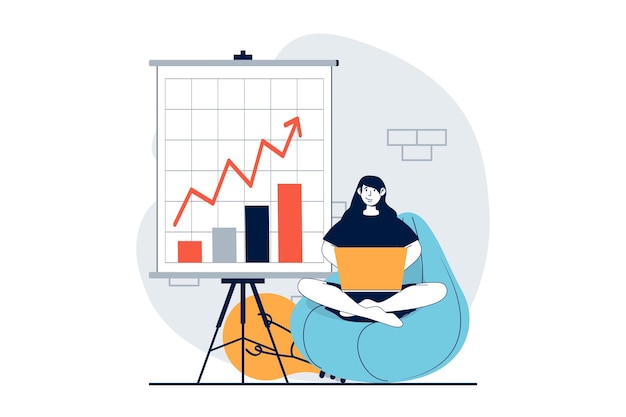 Strategic planning concept with people scene in flat design for web Woman analyzing data and making report presentation for business Vector illustration for social media banner marketing material