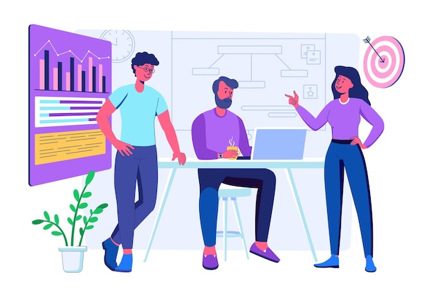 Strategic planning concept with people scene for web Men and women discussing and generating new ideas developing strategy and tactic create plan Vector illustration in flat perspective design