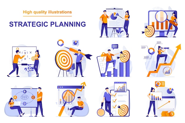 Strategic planning web concept with people scenes set in flat style bundle of data analysis brainsto