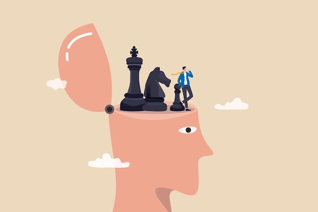 Strategic thinking to get business solution and win competition leadership challenge to think about new idea intelligence or wisdom for success businessman thinking with chess piece on his head