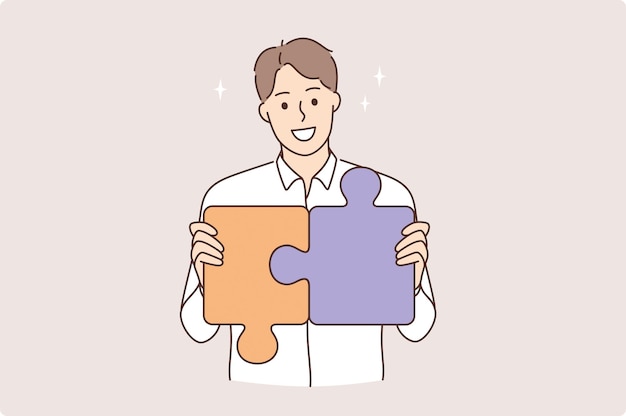 Strategy, career and development concept. Young smiling man cartoon character making pieces of puzzle together feeling confident vector illustration