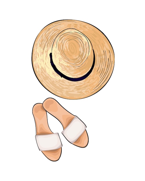 Straw hat and slippers from a splash of watercolor colored drawing realistic Vector illustration