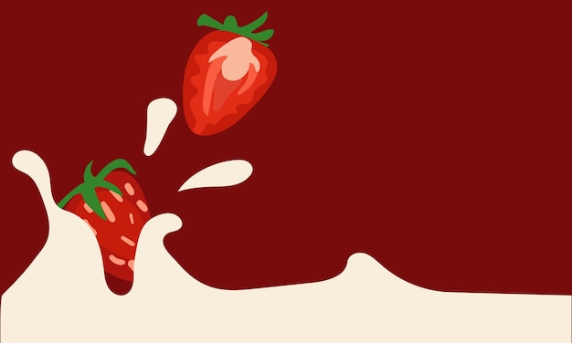 Strawberries fall into milk on a red background banner of strawberries whole and in section