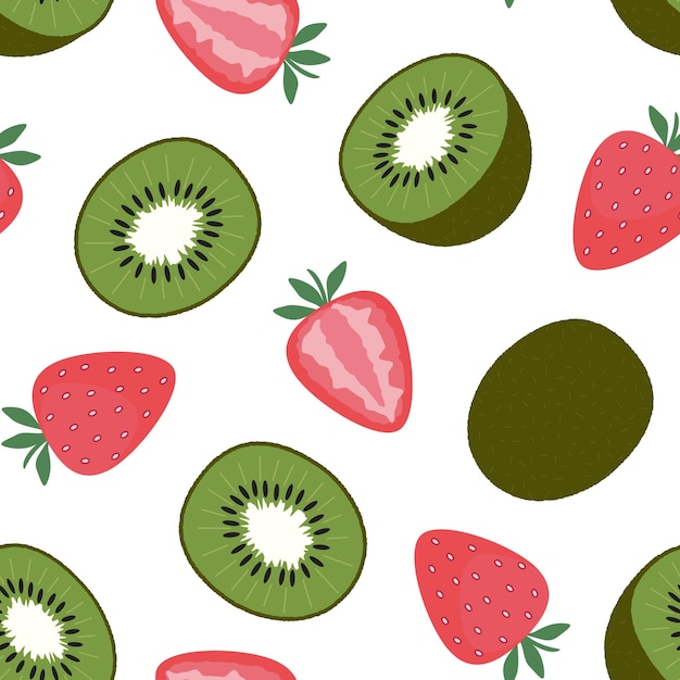 Strawberries and kiwi. Seamless pattern on white. Cut and whole fruits and berries. Flat vector illustration. Texture for print, fabric, textile, wallpaper.