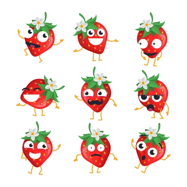 Strawberries - vector isolated cartoon emoticons. Funny emoji set with a nice character. A collection of an angry, surprised, happy, confused, crazy, laughing, sad, tired fruit on white background