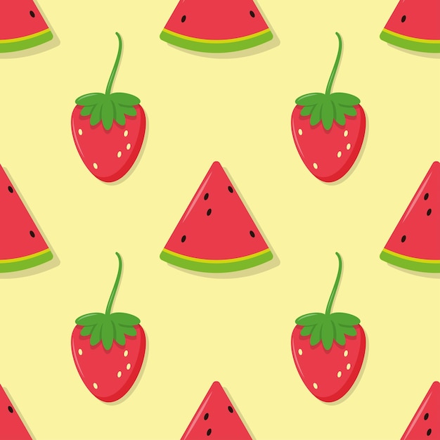 Strawberries and watermelon on yellow seamless pattern Vector illustration