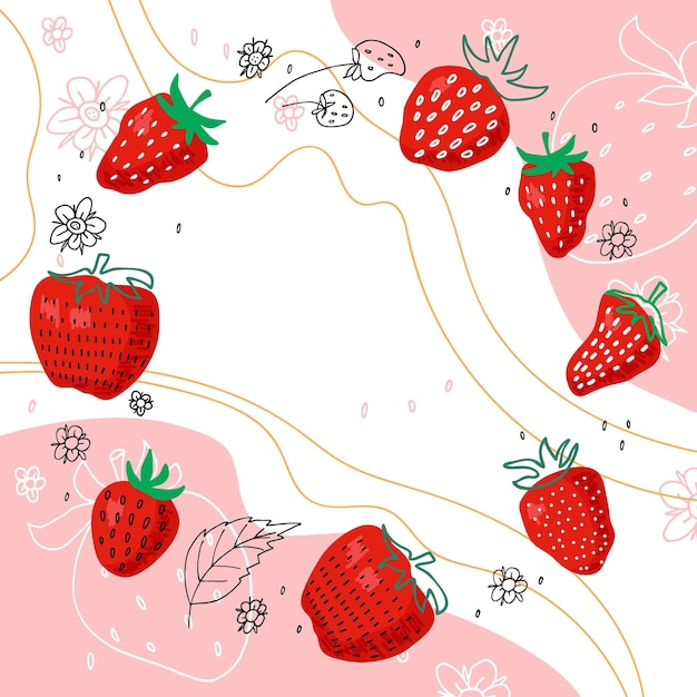 Strawberry background with Red Berry and linear leaf and flowers frame on pink white waves for packaging Vector for menu cafe recipe design Packaging for yogurt jam fruit cosmetics perfumery