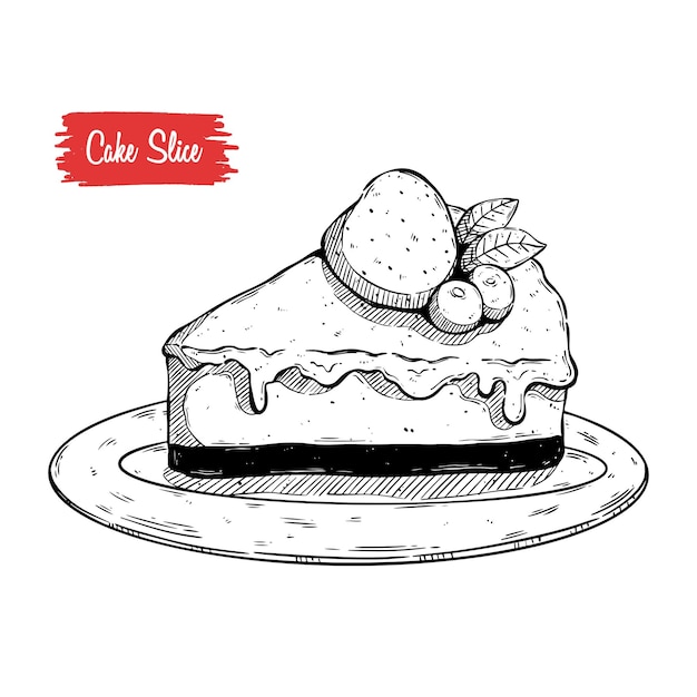 Strawberry cake slice with melted topping Hand drawn cake illustration