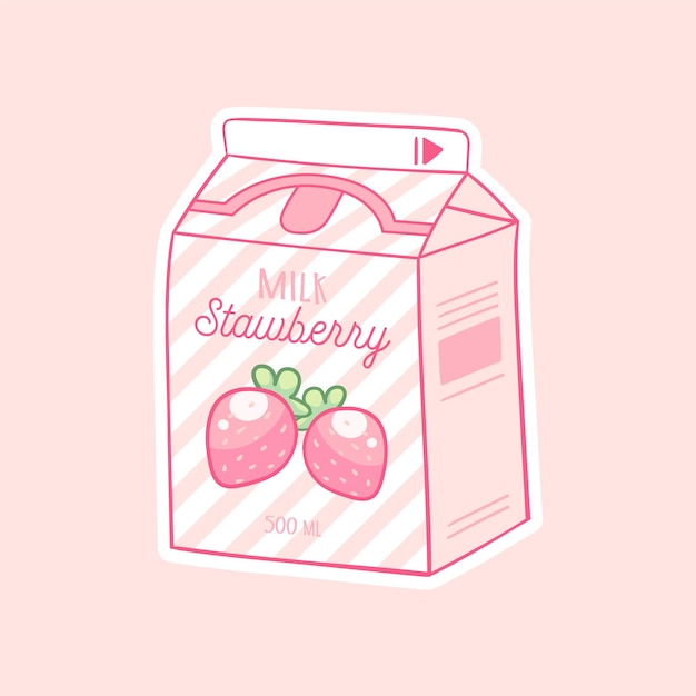 Strawberry cartoon milk Asian product Hand drawn colored trendy vector illustration Kawaii anime