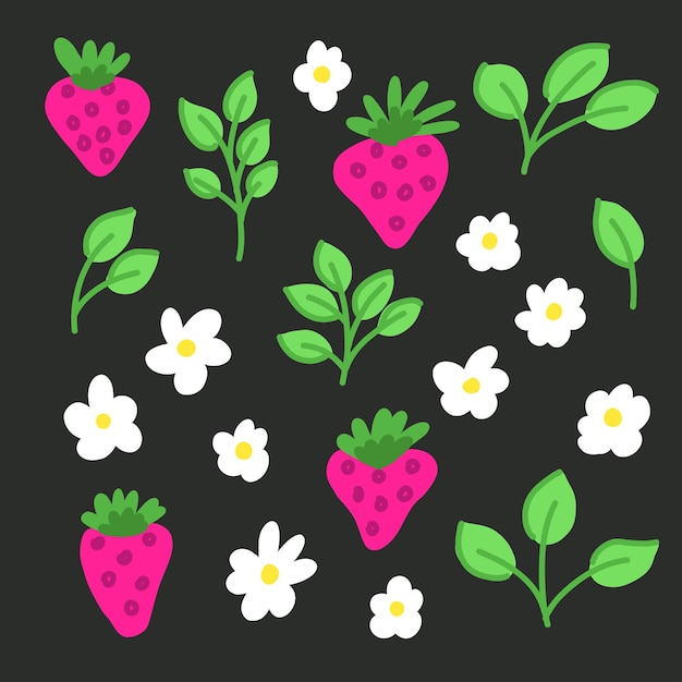 Strawberry clipart with flowers leaves and twigs in flat style