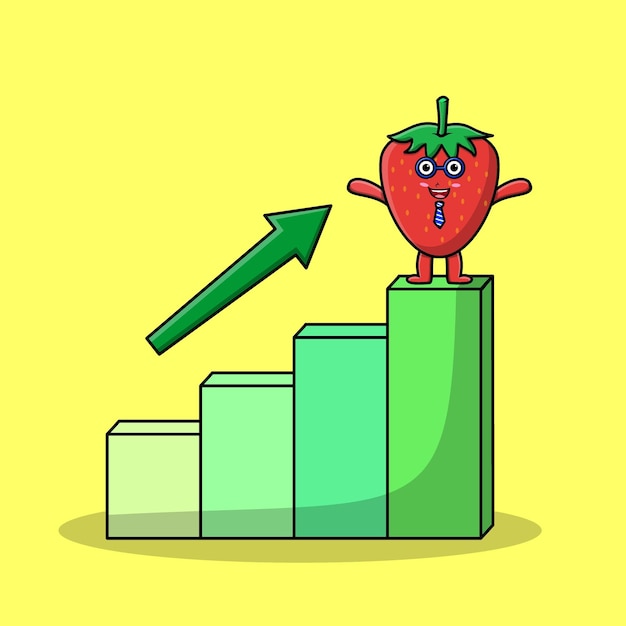 Strawberry cute businessman mascot character with a deflation chart cartoon style design