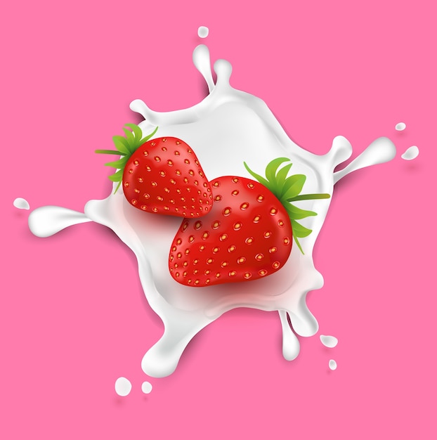 strawberry fruit and splashes of milk. fruit and fresh milk.