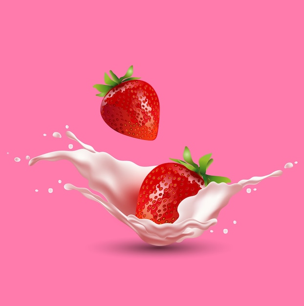 strawberry fruit and splashes of milk