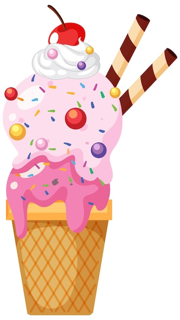 Strawberry ice cream wafer cone with toppings