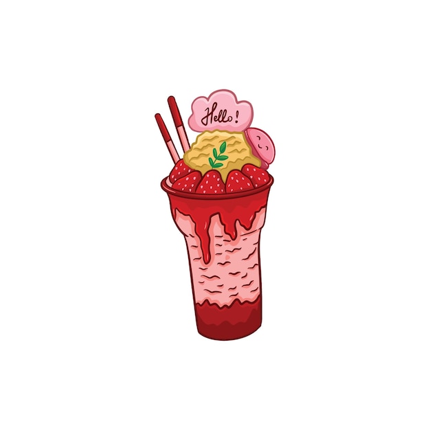 Strawberry milkshake in a glass with ice cream Vector illustration