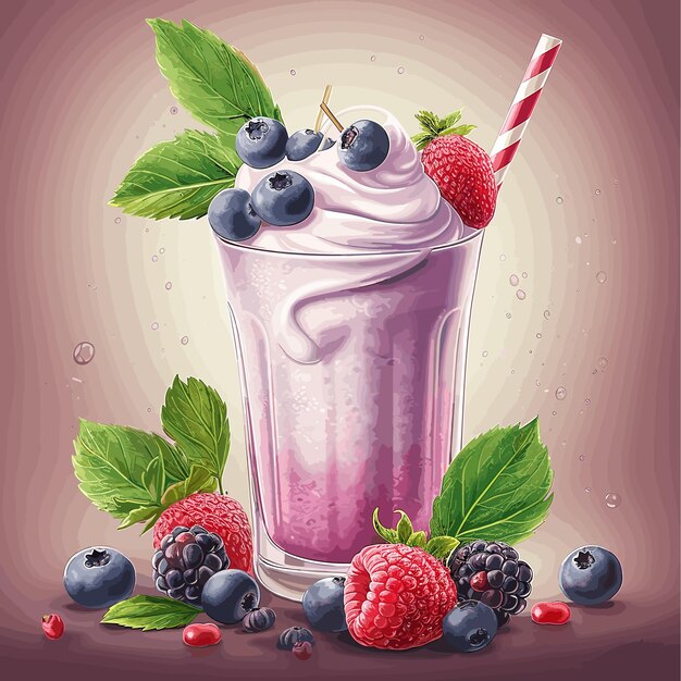 Strawberry milkshake in a glass with a straw and fresh strawberriesVector illustration