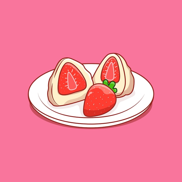 Strawberry mochi Japanese cake food illustration flat design