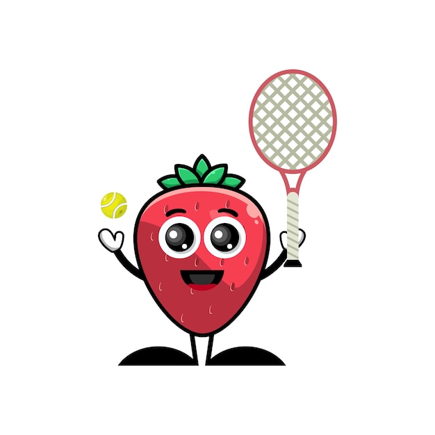 Strawberry playing tennis character cute logo