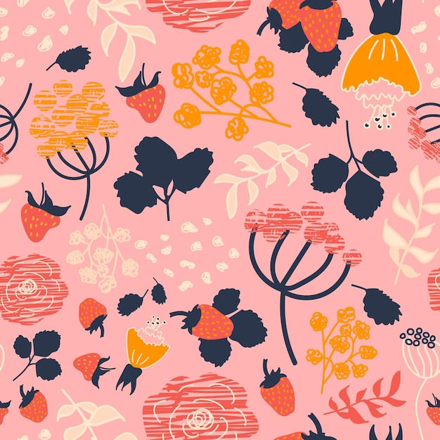 Strawberry seamless pattern. Abstract berries, branches, leaves and flowers. Vector background.