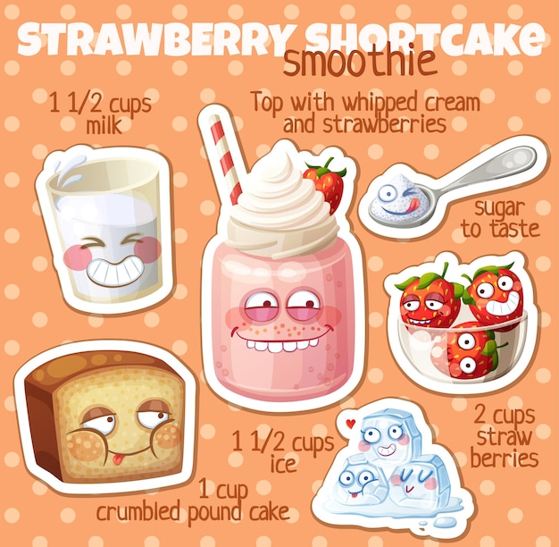 Strawberry Shortcake smoothie recipe illustration with funny characters Milkshake ingredients cartoon vector icons