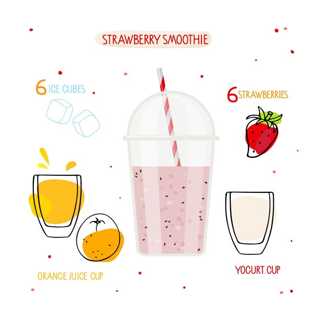 Vector strawberry smoothie recipe takeaway with pink liquid and ingredients sketch food and drinks