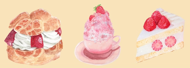 Strawberry sweet dessert Watercolor vector set