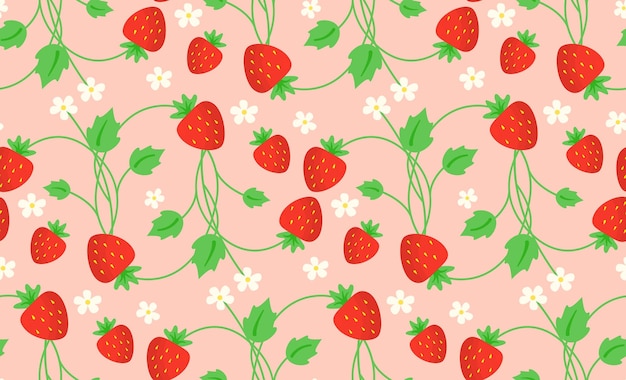 Strawberry with leaves and flowers summer seamless pattern Floral arrangement for textile decor