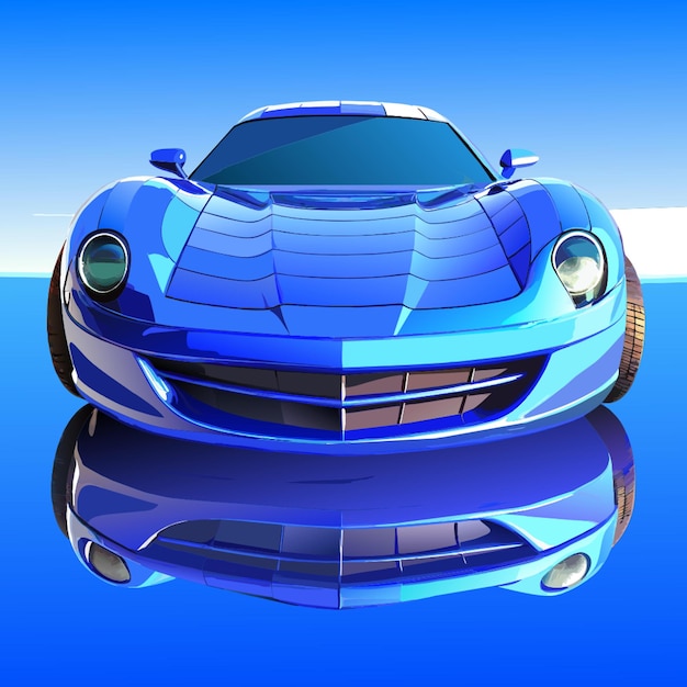 Vector streamlined blue sports car symmetrical shot in reflection asphalt over the horizon very fine