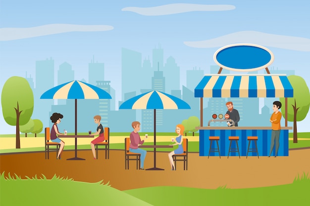 Street Cafe or Summer Bar in City Park Flat Vector