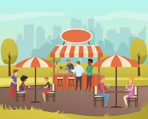 Street Cafe or Summer Bar in City Park Flat Vector