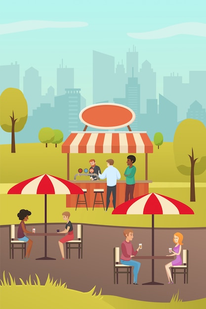 Street Cafe or Summer Bar in City Park Flat Vector