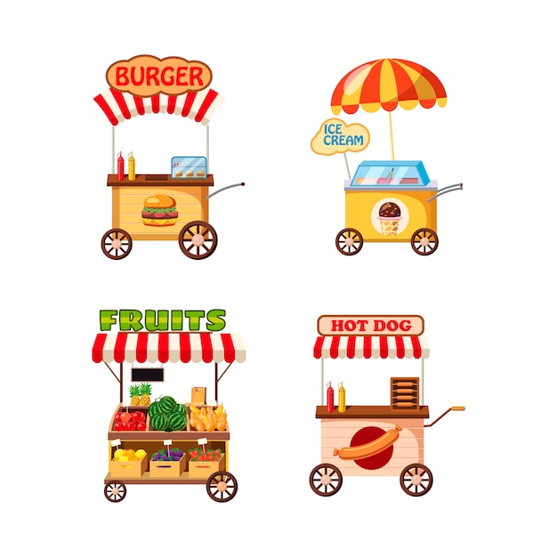 Street cart shop set. Cartoon set of street cart shop