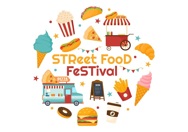 Street Food Festival Event Illustration with People and Foods Trucks in Summer Outdoor City Park