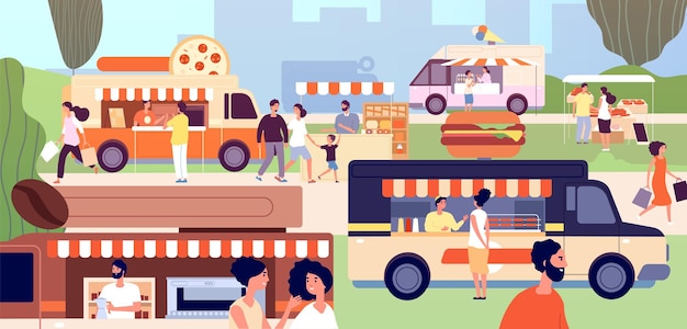 Vector street food festival. festival vendors shops, outdoor business. fast food trucks and stalls, park event