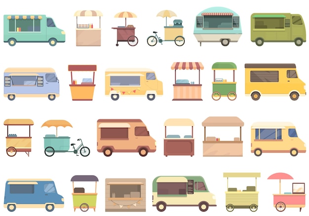 Street food festival icons set cartoon vector Summer eat