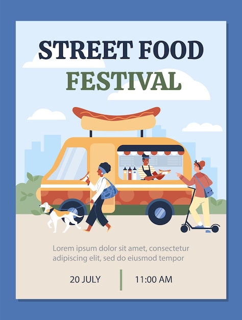 Street food festival invitation poster people buying hot dogs at food truck flat vector illustration