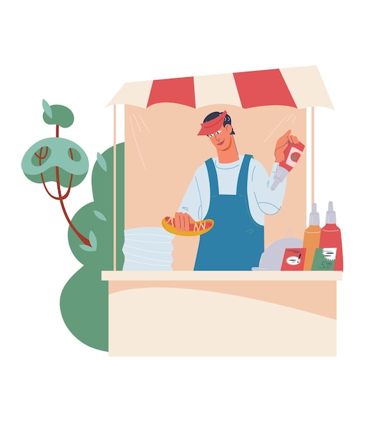 Street food festival vendor at kiosk selling hot dogs flat vector illustration isolated