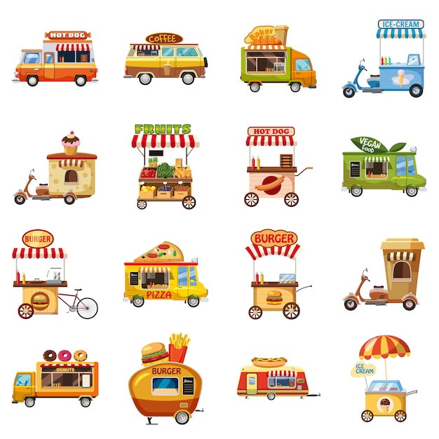 Street food kiosk icons set, cartoon style