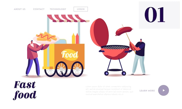 Street Food, Takeaway Junk Meals from Wheeled Food Truck Landing Page Template. Male Friends Characters Eating Streetfood in Summer Outdoor Booth with Barbeque. Cartoon People Vector Illustration