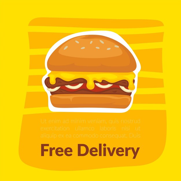 Street food and tasty snacks, free delivery service of cafes, bistros and restaurants. Burger with cheese, meat and vegetables. Grilled bacon or chicken cotelette on bread. Vector in flat style