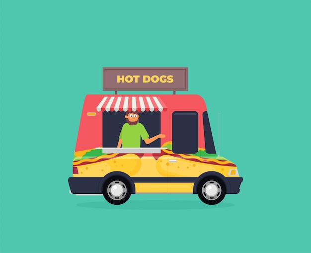 Street food van Fast food delivery in flat style isolated on color background