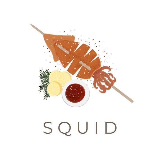 Street Food Vector Illustration Logo Grilled Squid With Skewer