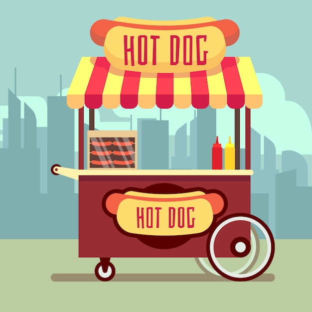 Street food vending cart with hot dogs in flat style