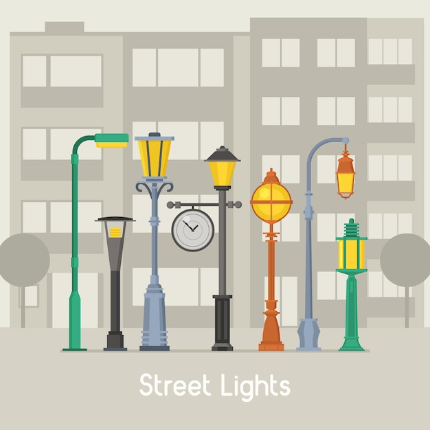 Vector street lamps and park lanterns illustration different lamposts lamp poles and city lightings