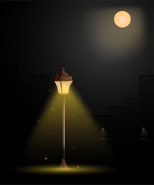 Street light in big city Vintage style Night romance of metropolis Bright full moon in sky Street lighting at night Realistic vector illustration