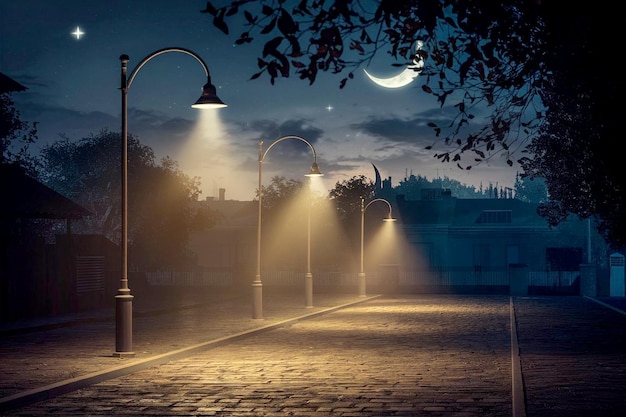 a street light with a moon and a street light on it