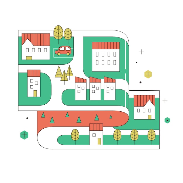 Vector street map of small town in thin line flat design