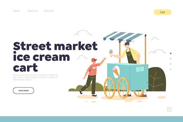 Street market ice cream cart concept of landing page